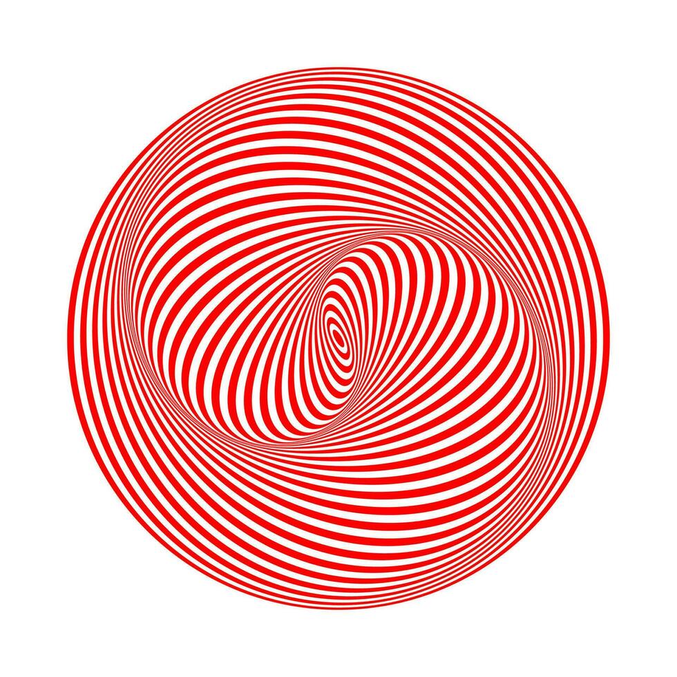 Round wavy red and white optical illusion. Hypnotic tunnel striped lines. Torsion surreal circular backdrop. vector