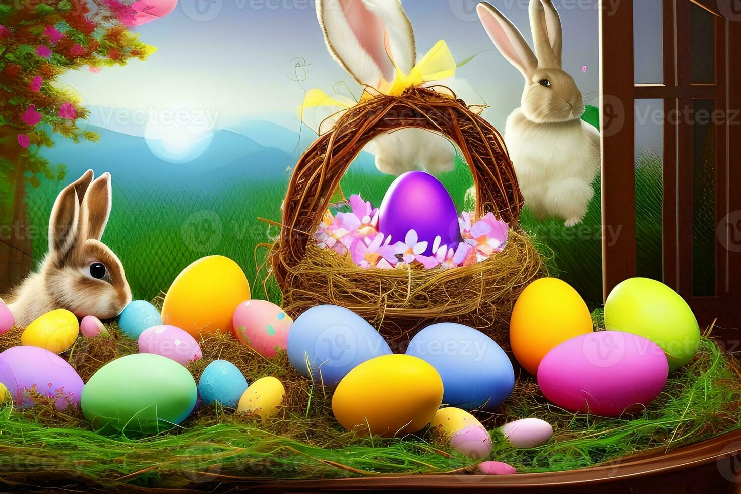 Easter Background, Happy Easter Background, Easter Day Background, Easter Bunny, Easter Egg, Ai photo