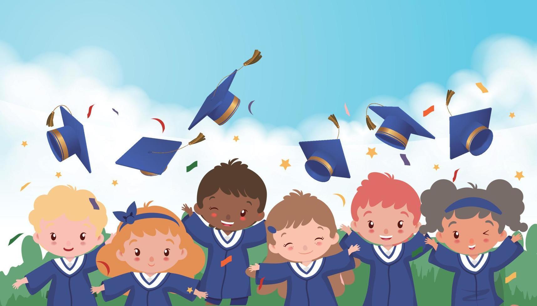 Happy people throwing graduation caps upwards on blue sky, white clouds and green grass vector