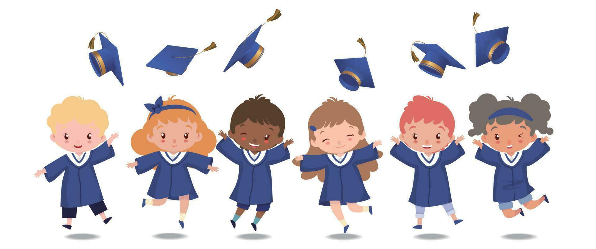 Group of kids in graduation suits jumping and throwing graduation caps on white background vector