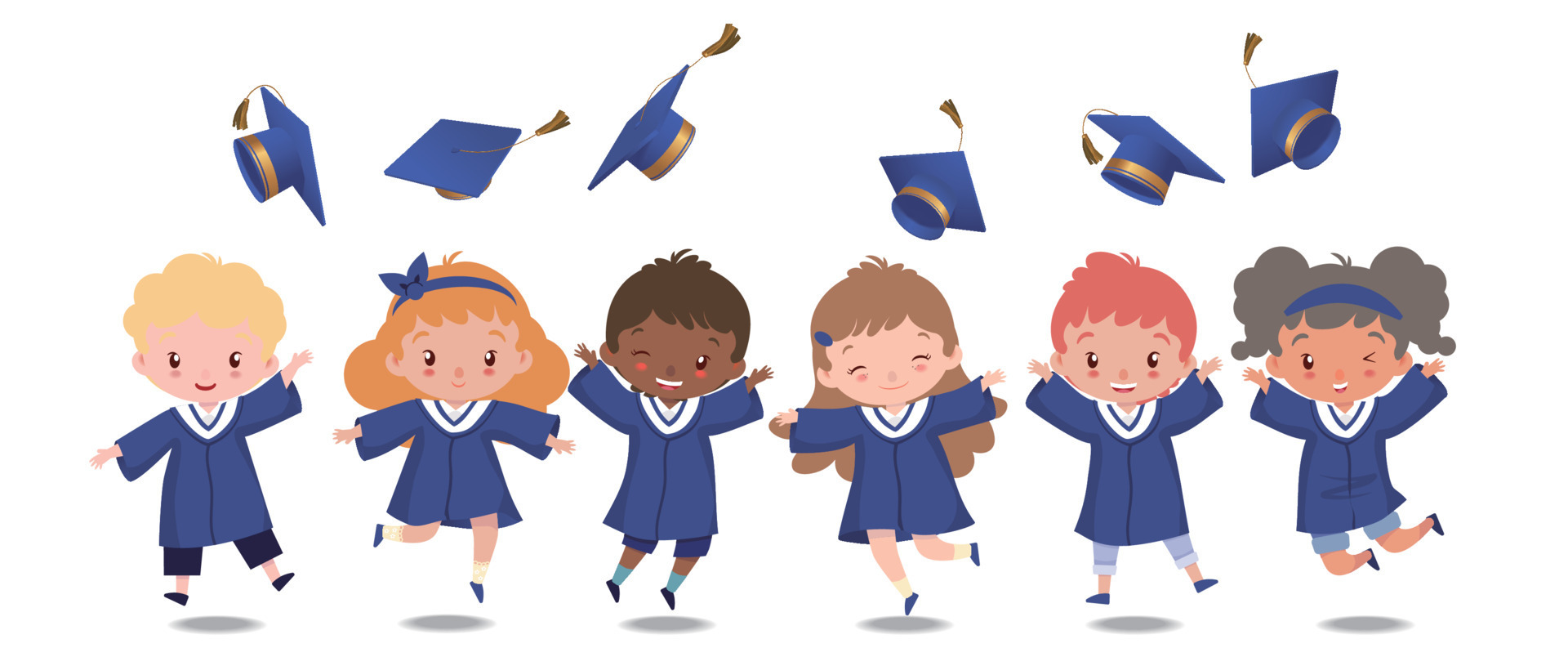 Group of kids in graduation suits jumping and throwing graduation caps on white background