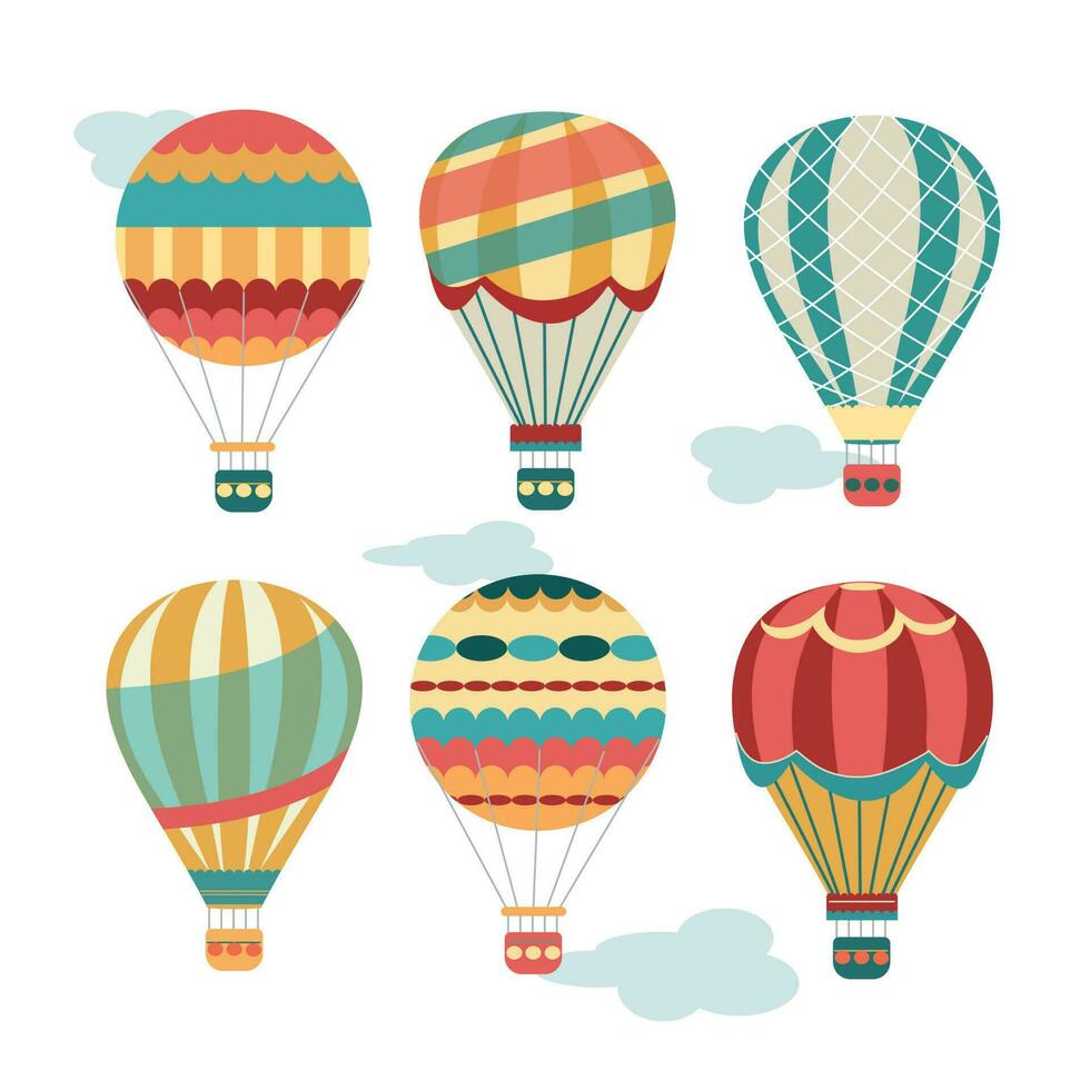 Balloons with a basket. Old air transport, colorful aviation icons. Adventure, flying in the sky in a hot air balloon. vector