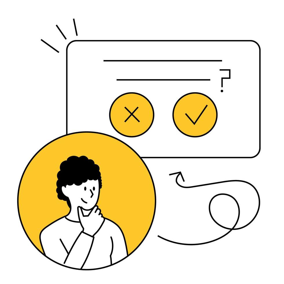 The man makes a choice in the modal window, approve or cancel. Customer feedback, interface, dialog box. Thin line vector illustration isolated on white.