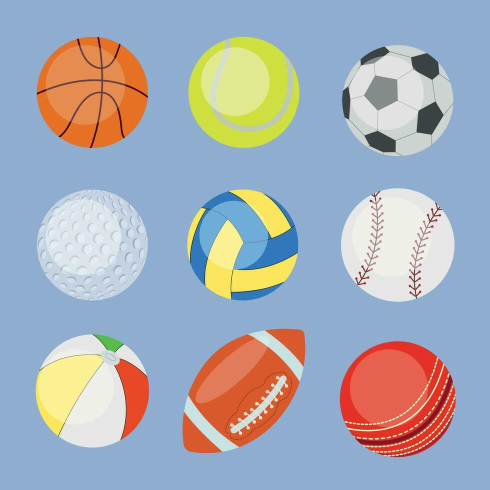 Collection of round and oval balls for sports events. Vector illustration. Set of various equipment for sports games isolated on a blue background.