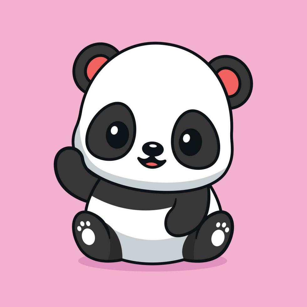 Cute kawaii baby panda sitting raising hand cartoon character