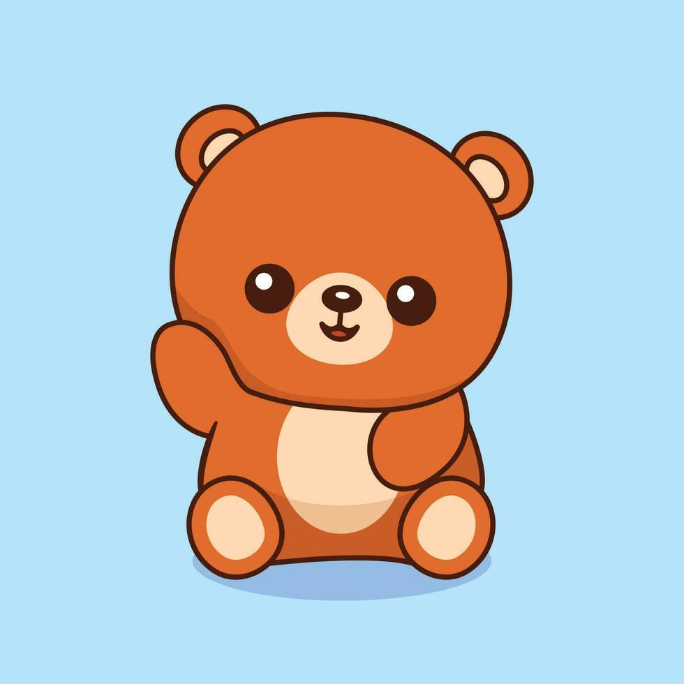 Cute teddy bear sitting raising hand cartoon icon vector illustration. Children illustration animal nature concept. Flat Cartoon Style