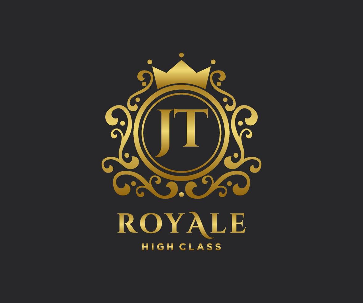 Golden Letter JT template logo Luxury gold letter with crown. Monogram alphabet . Beautiful royal initials letter. vector