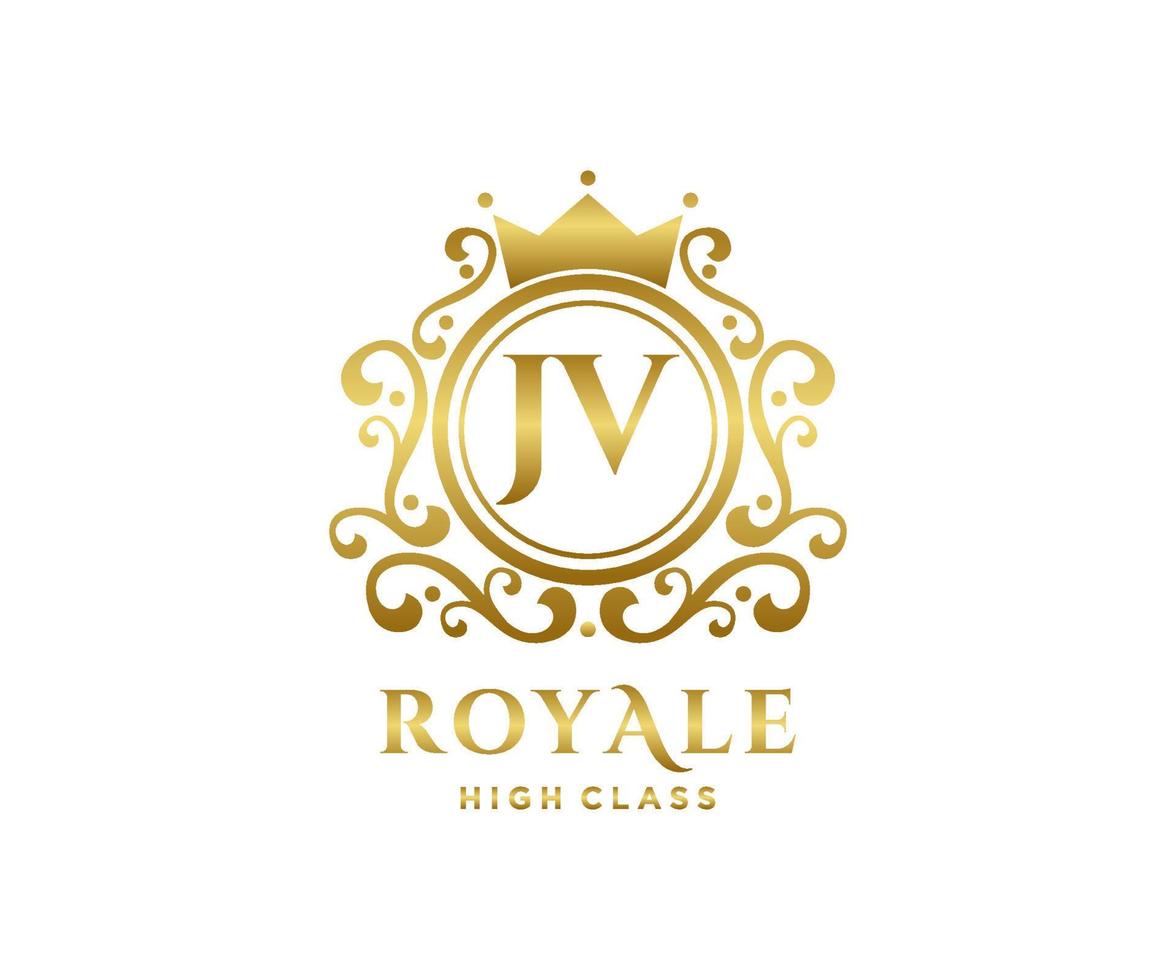 Golden Letter JV template logo Luxury gold letter with crown. Monogram alphabet . Beautiful royal initials letter. vector