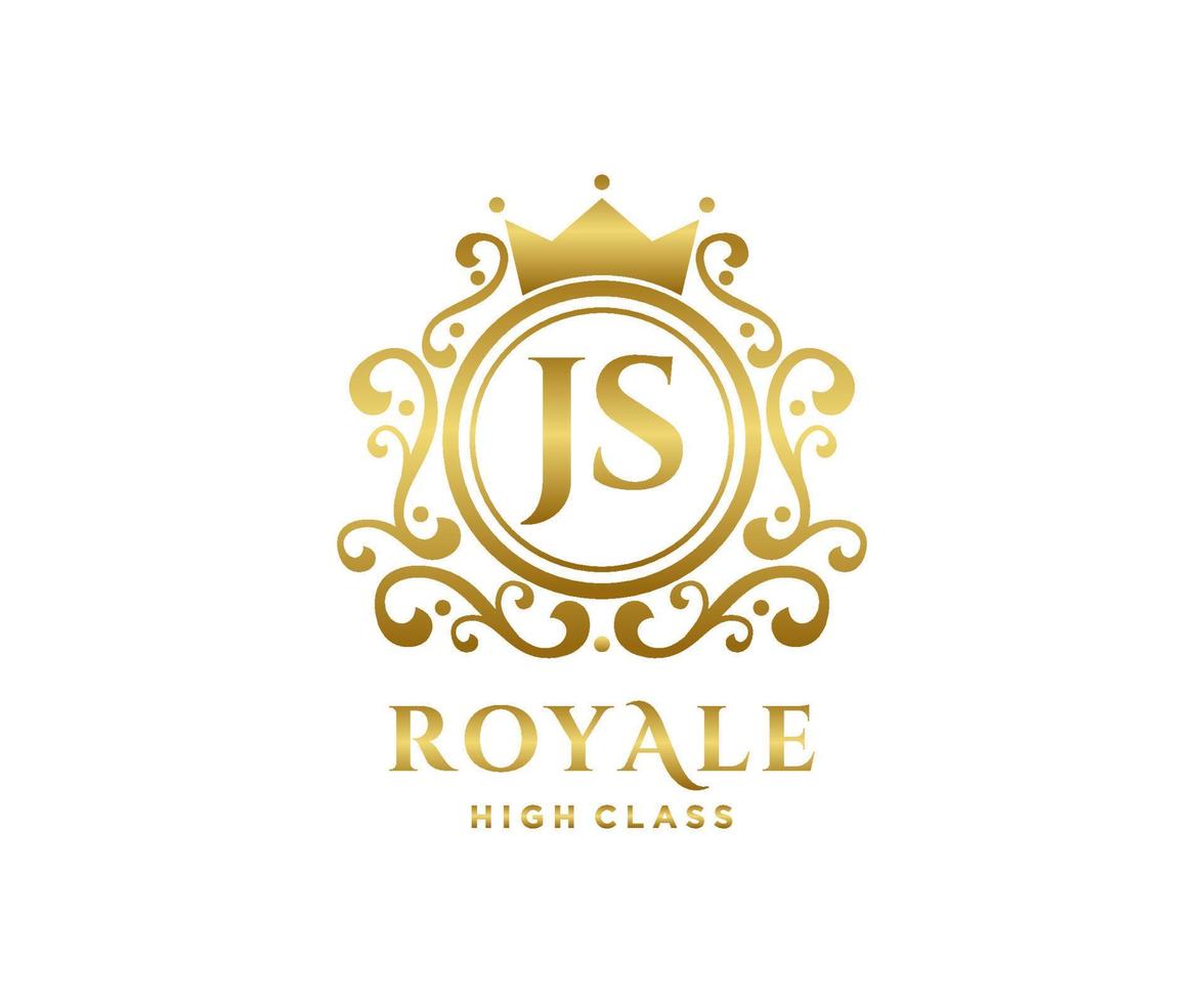 Golden Letter JS template logo Luxury gold letter with crown. Monogram alphabet . Beautiful royal initials letter. vector