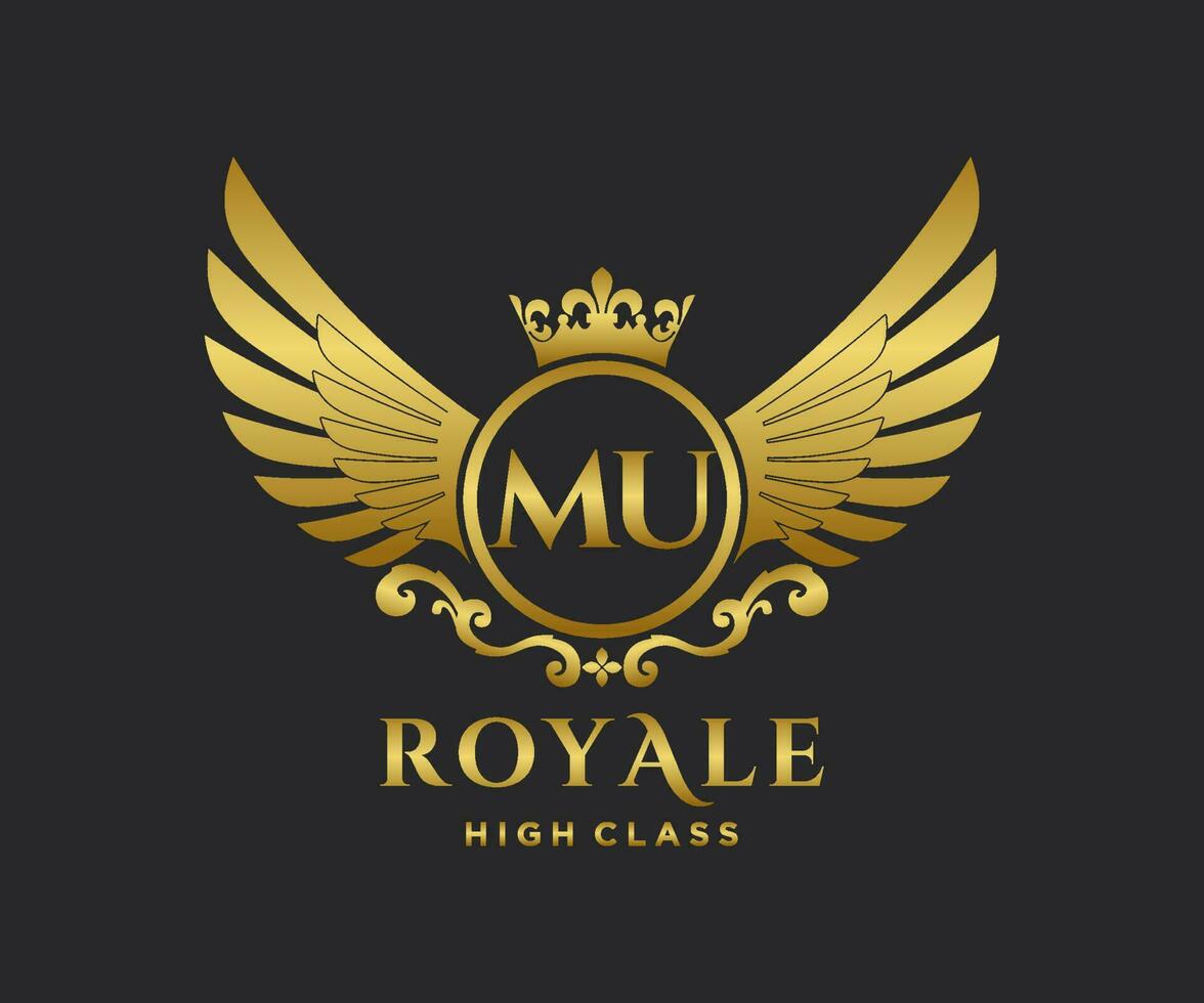 Golden Letter MU template logo Luxury gold letter with crown. Monogram alphabet . Beautiful royal initials letter. vector