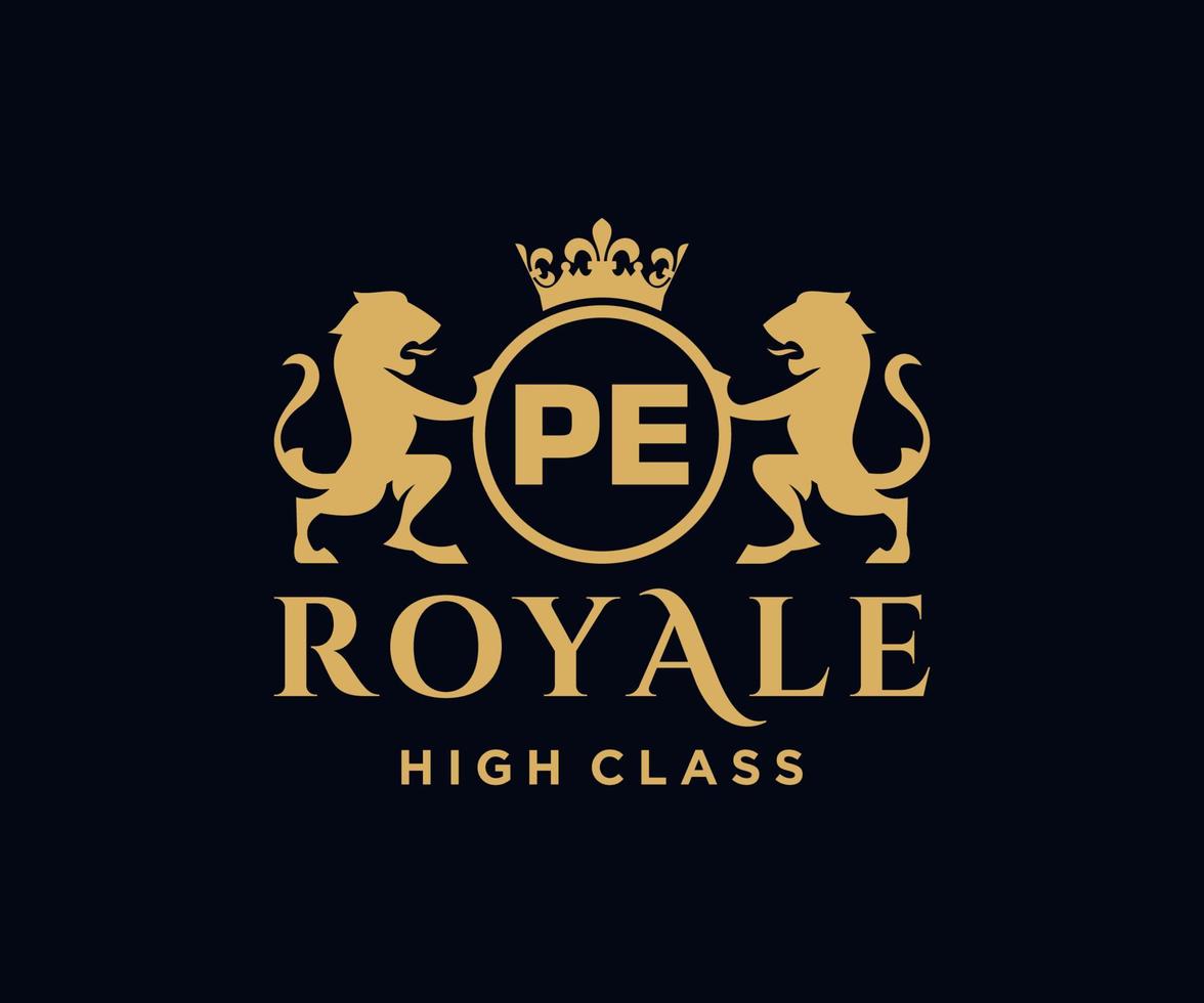 Golden Letter PE template logo Luxury gold letter with crown. Monogram alphabet . Beautiful royal initials letter. vector