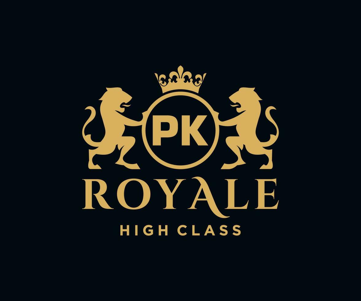 Golden Letter PK template logo Luxury gold letter with crown. Monogram alphabet . Beautiful royal initials letter. vector