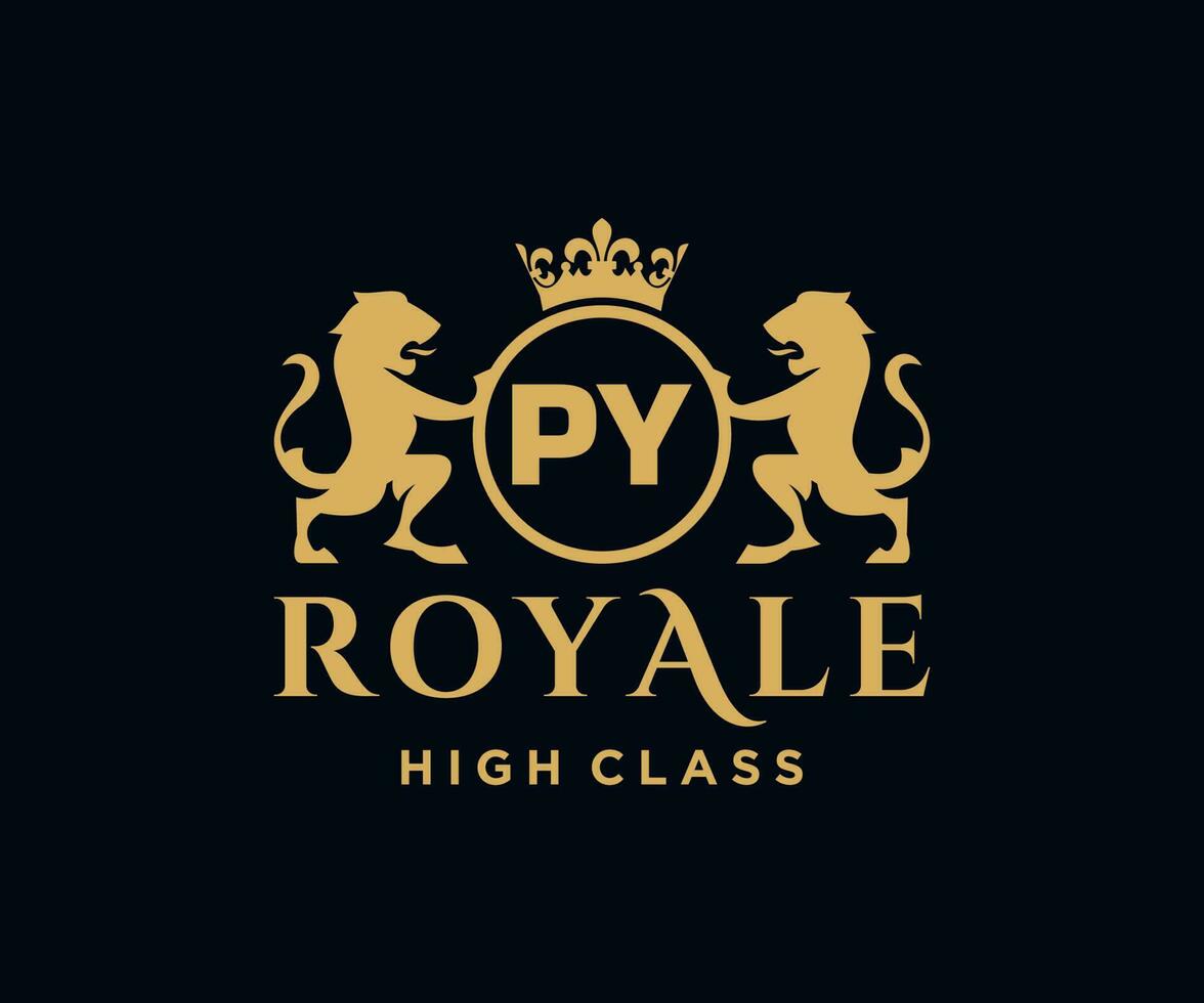 Golden Letter PY template logo Luxury gold letter with crown. Monogram alphabet . Beautiful royal initials letter. vector