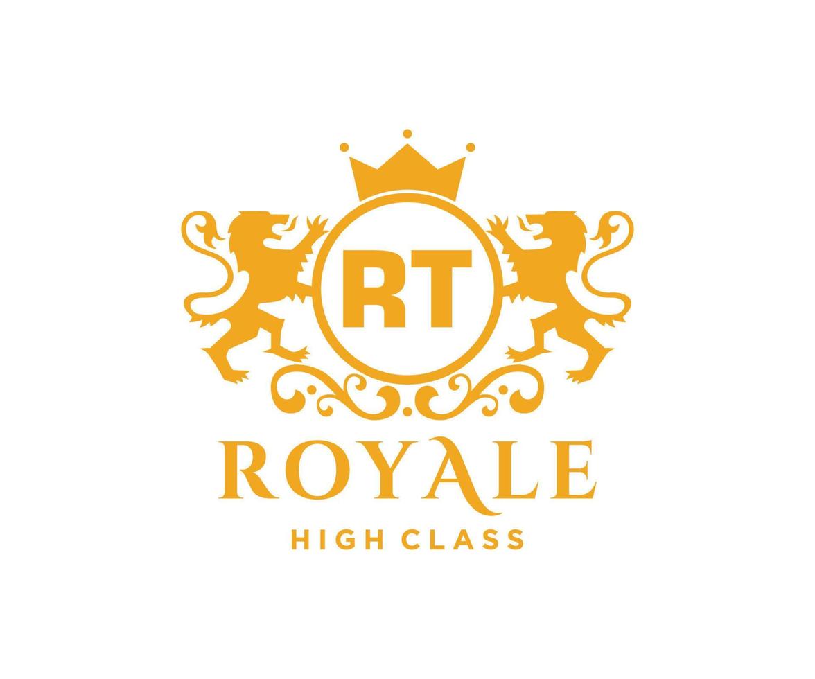 Golden Letter RT template logo Luxury gold letter with crown. Monogram alphabet . Beautiful royal initials letter. vector