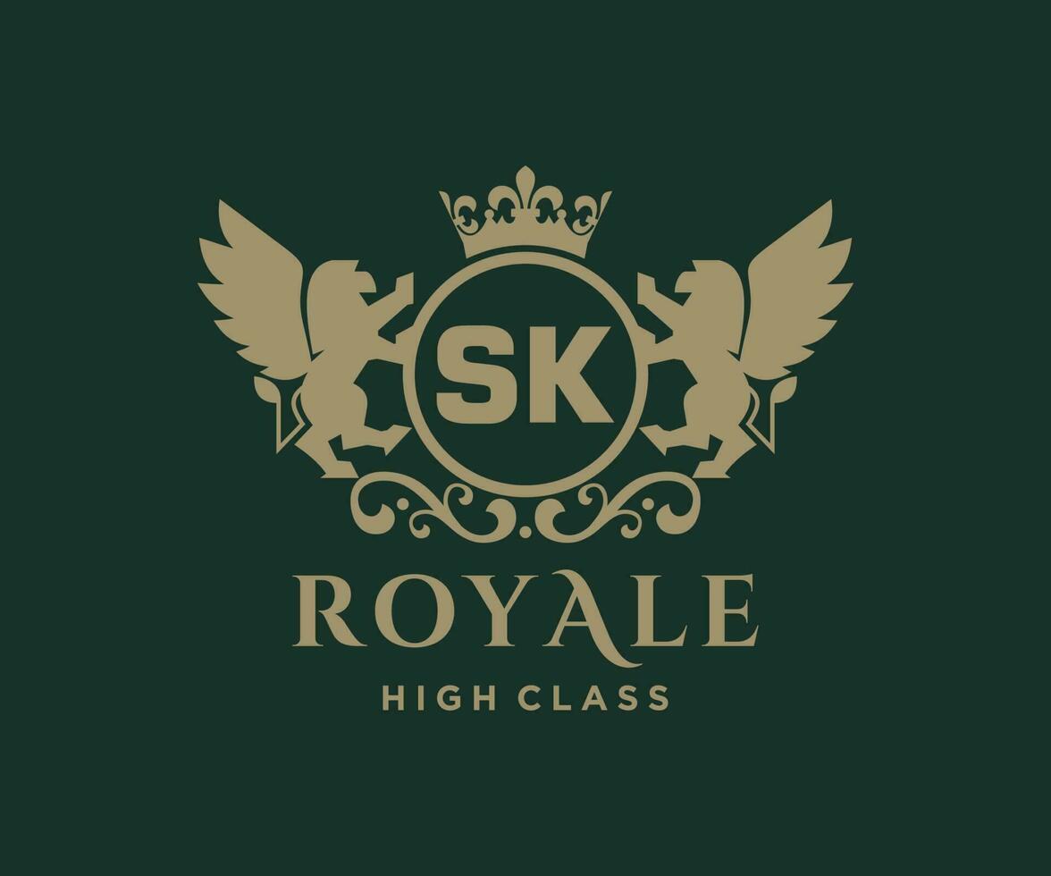 Golden Letter SK template logo Luxury gold letter with crown. Monogram alphabet . Beautiful royal initials letter. vector