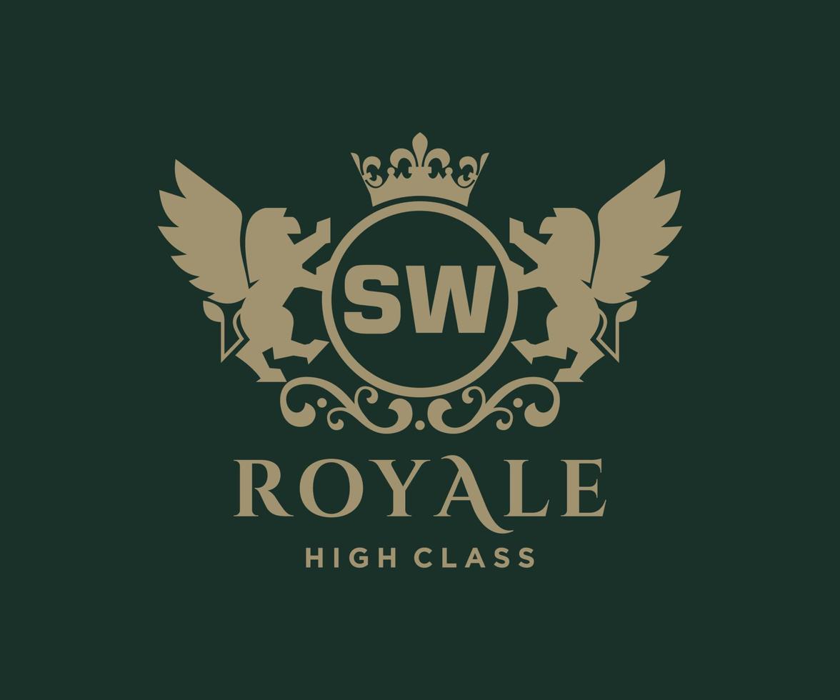 Golden Letter SW template logo Luxury gold letter with crown. Monogram alphabet . Beautiful royal initials letter. vector