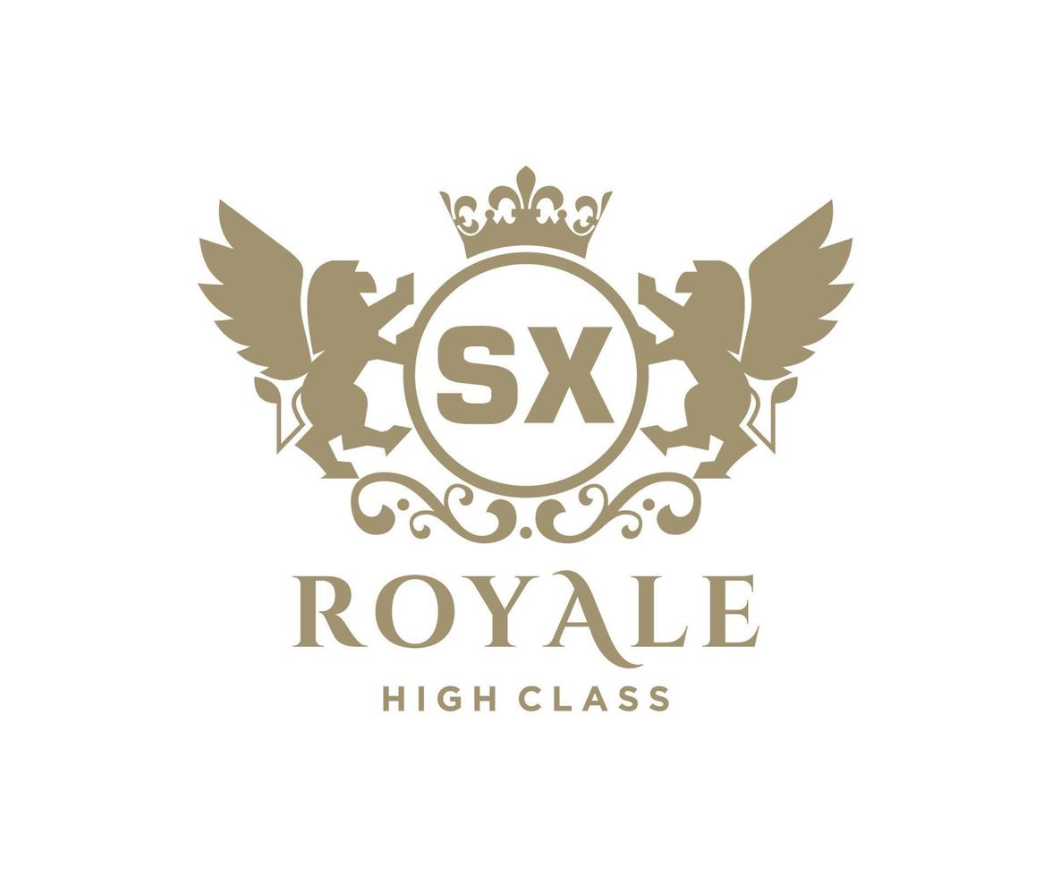 Golden Letter SX template logo Luxury gold letter with crown. Monogram alphabet . Beautiful royal initials letter. vector