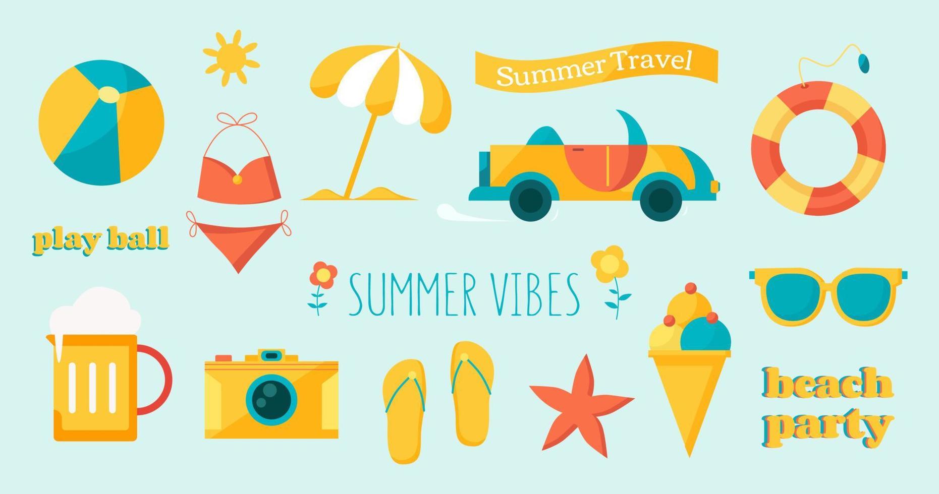 Vector collection of summer objects in a flat style, cute summer stickers, seasonal illustrations.