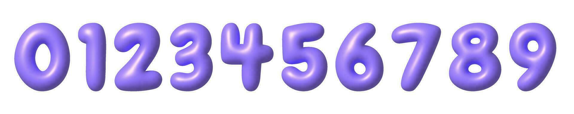 Set of purple 3D numbers icons. Cute metallic cartoon math font with shiny bright highlights. 3d realistic vector design element.