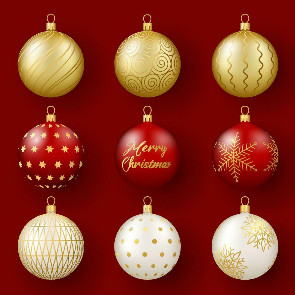 Christmas and New Year decor. Set of 3D realistic gold, white and red glass balls with an ornament. vector