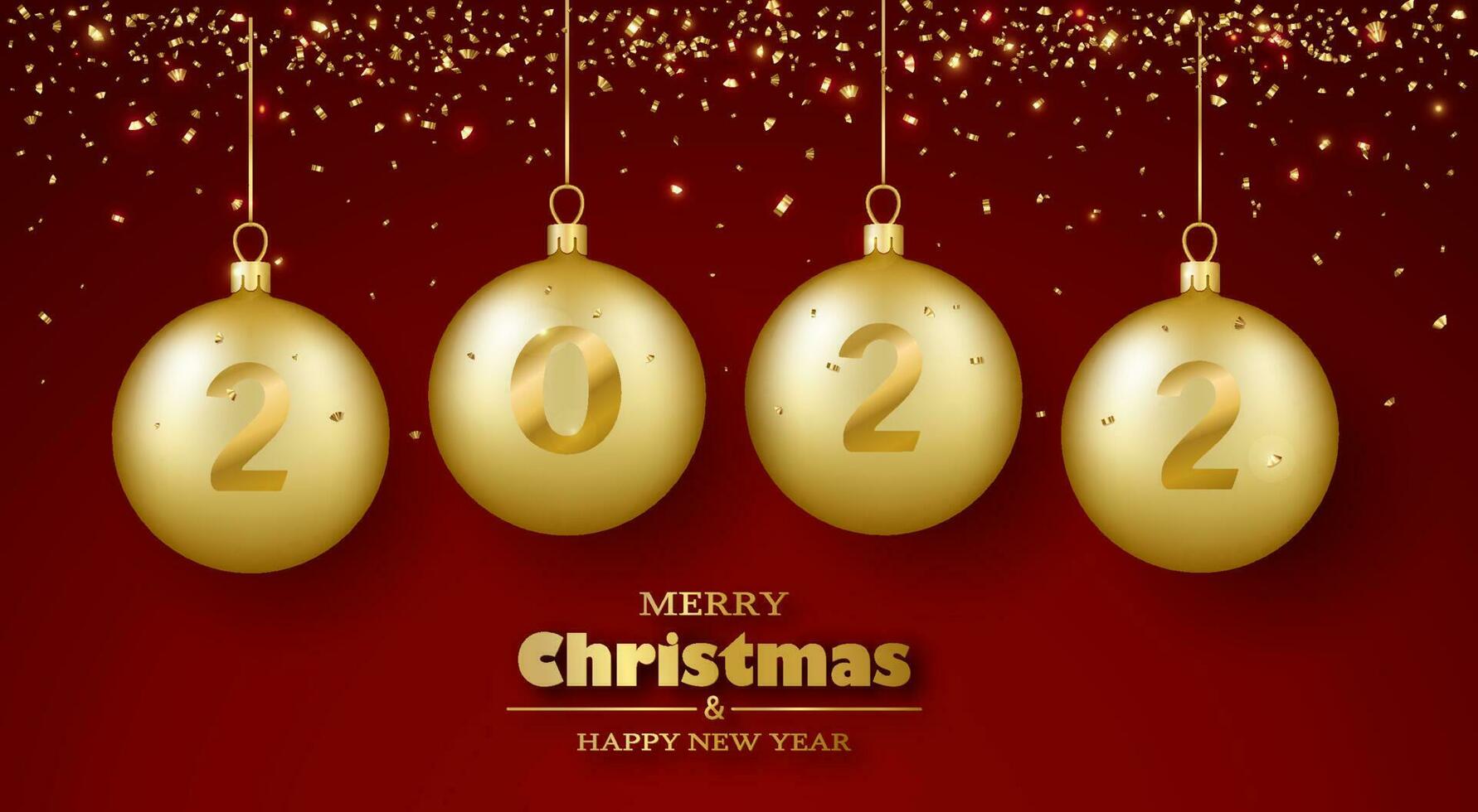 Merry Christmas and Happy New Year greeting card. Golden glass balls and confetti. 3d realistic. vector