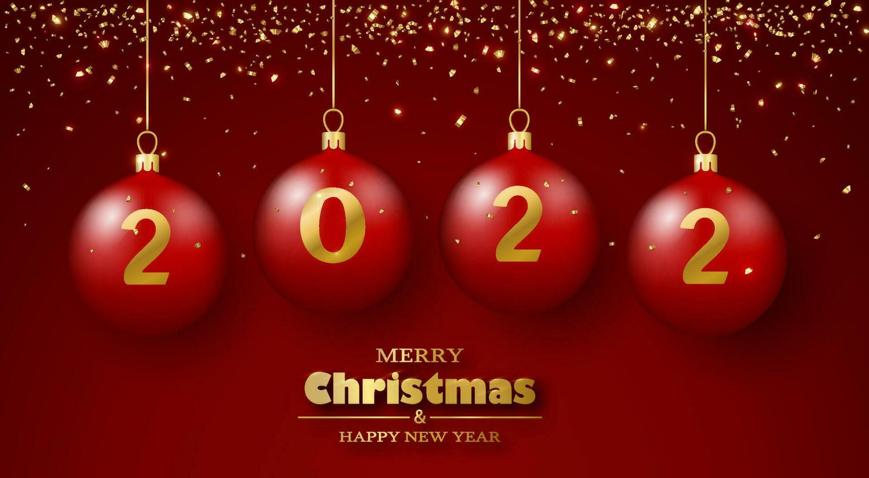 Merry Christmas and Happy New Year greeting card. Red glass balls and gold confetti. 3d realistic. vector