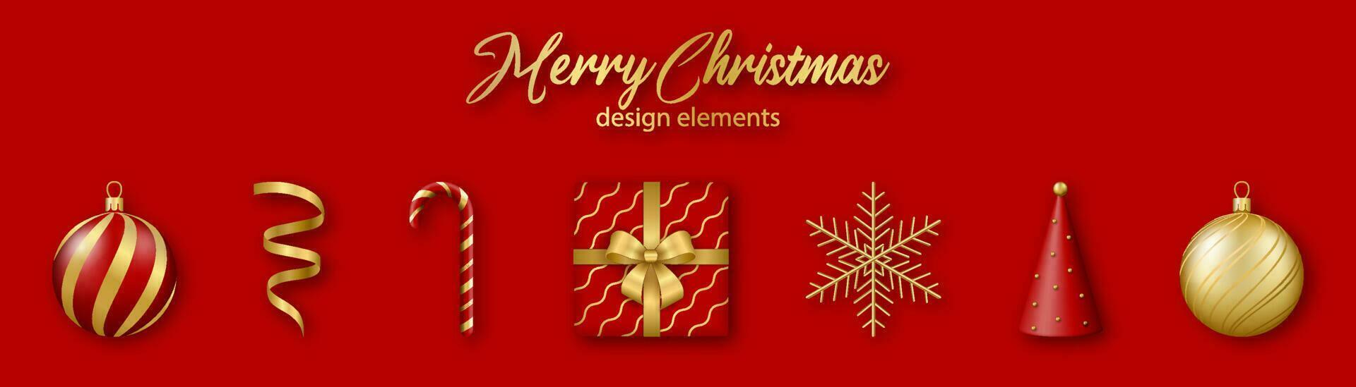 Christmas and New Year design elements. Set of gold and red 3d realistic shapes. vector