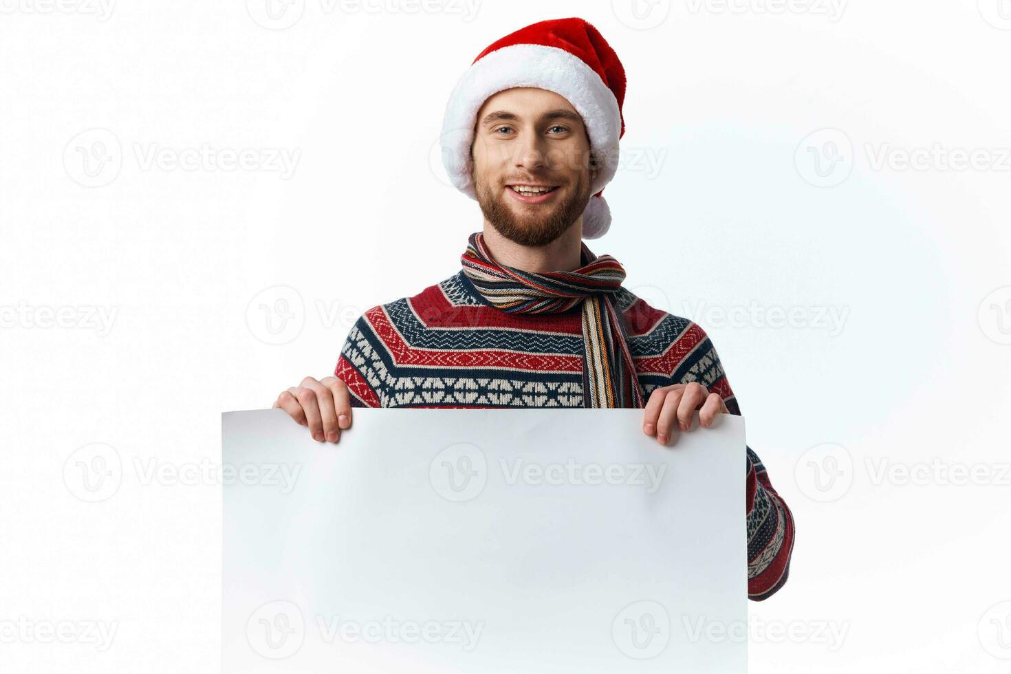 handsome man white paper billboard advertising isolated background photo