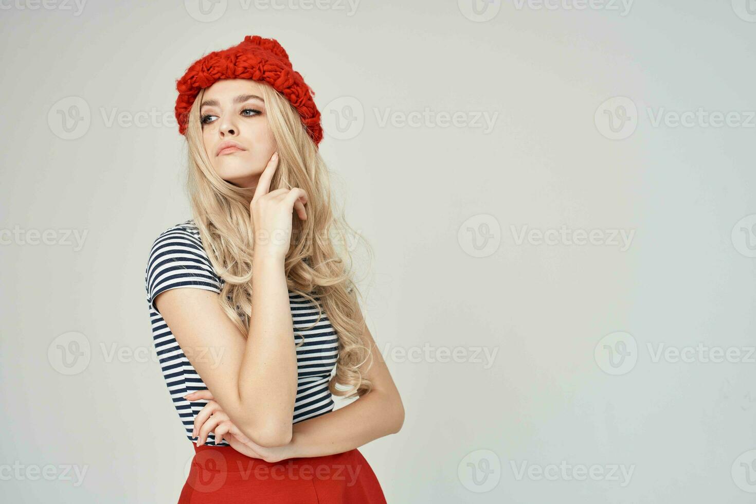 beautiful woman in fashionable clothes Red skirt modern style hairstyle photo