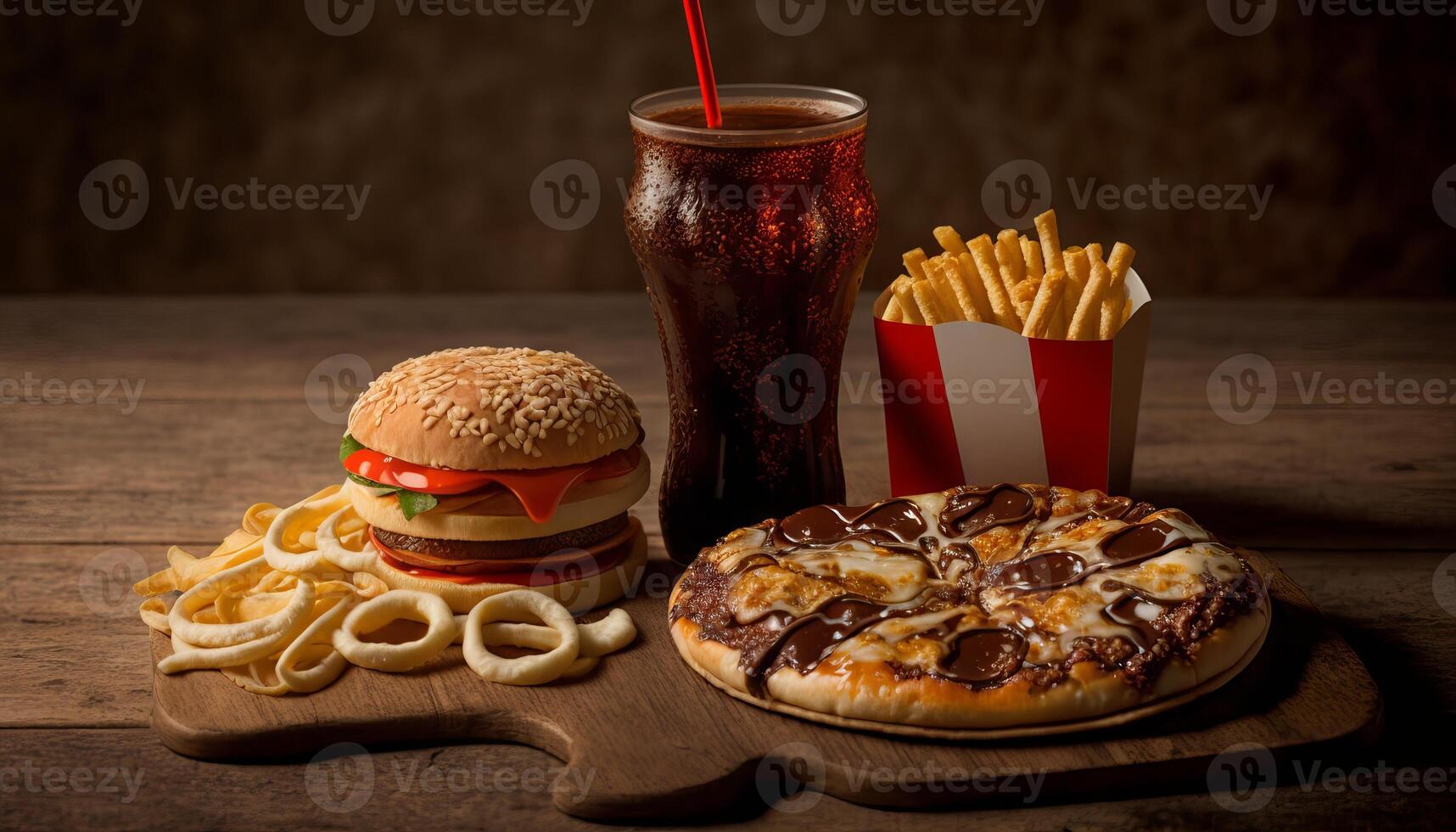 fast food and unhealthy eating concept - close up of fast food snacks and cola drink on wooden table. photo