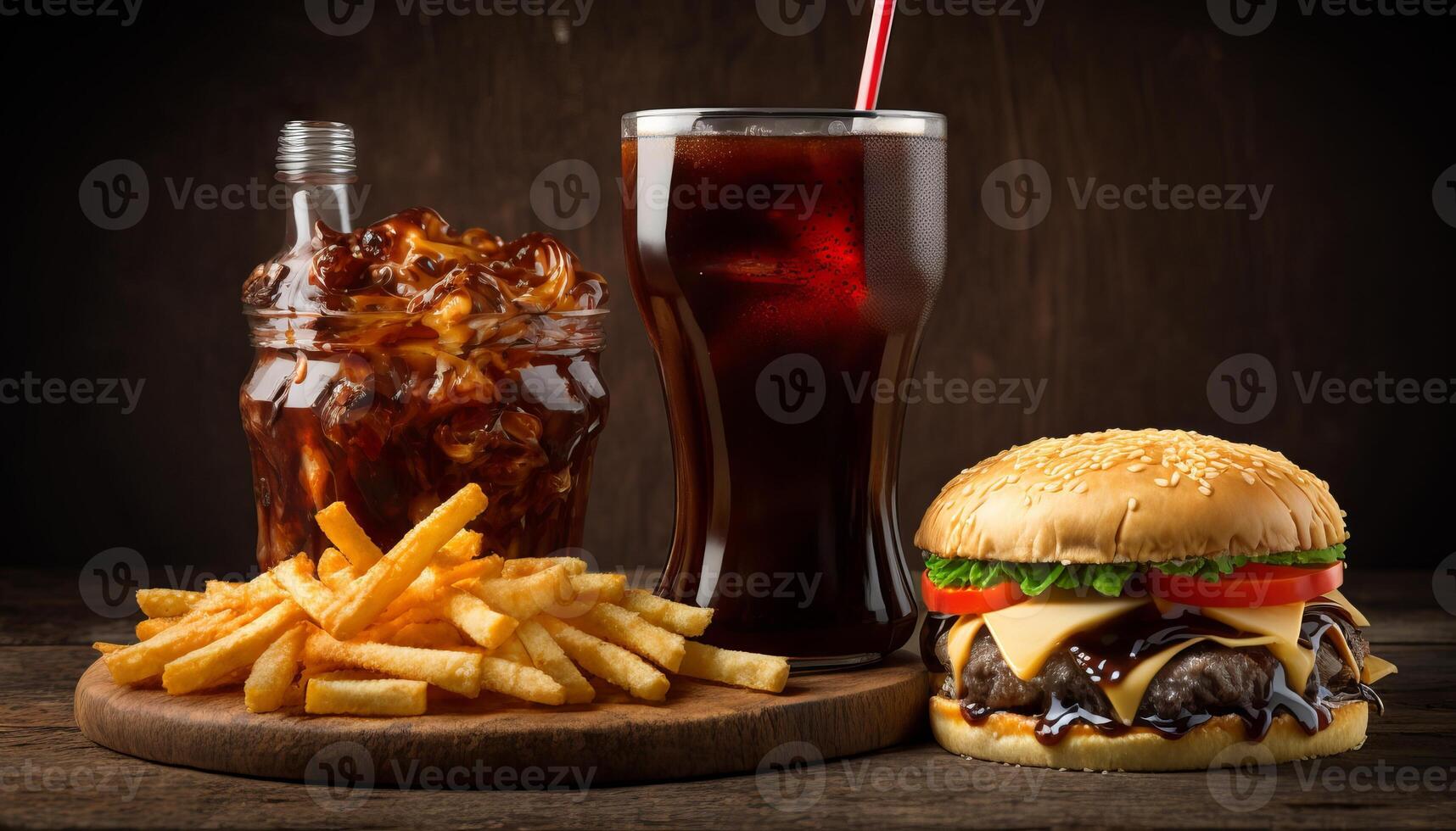 fast food and unhealthy eating concept - close up of fast food snacks and cola drink on wooden table. photo