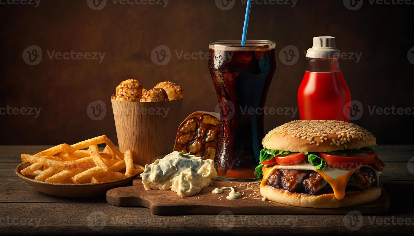 fast food and unhealthy eating concept - close up of fast food snacks and cola drink on wooden table. photo