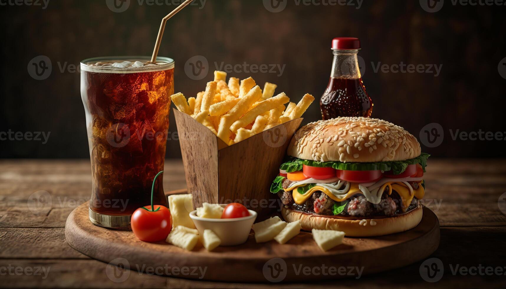 fast food and unhealthy eating concept - close up of fast food snacks and cola drink on wooden table. photo