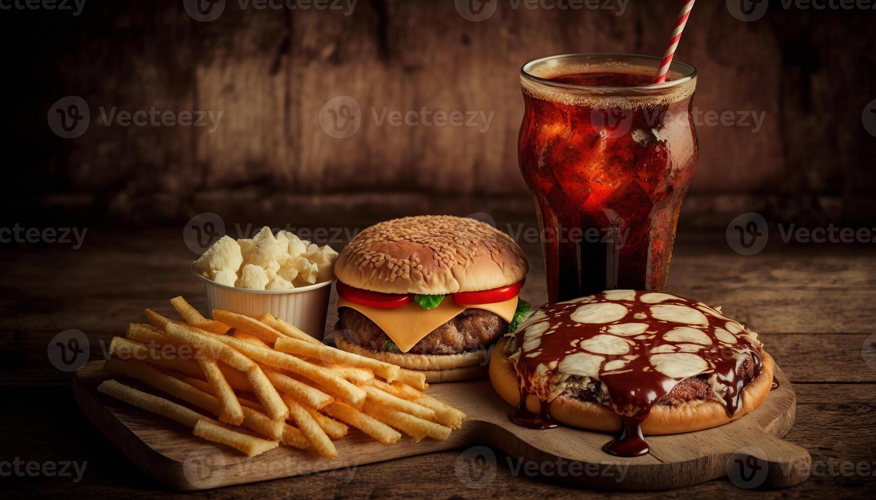 fast food and unhealthy eating concept - close up of fast food snacks and cola drink on wooden table. photo