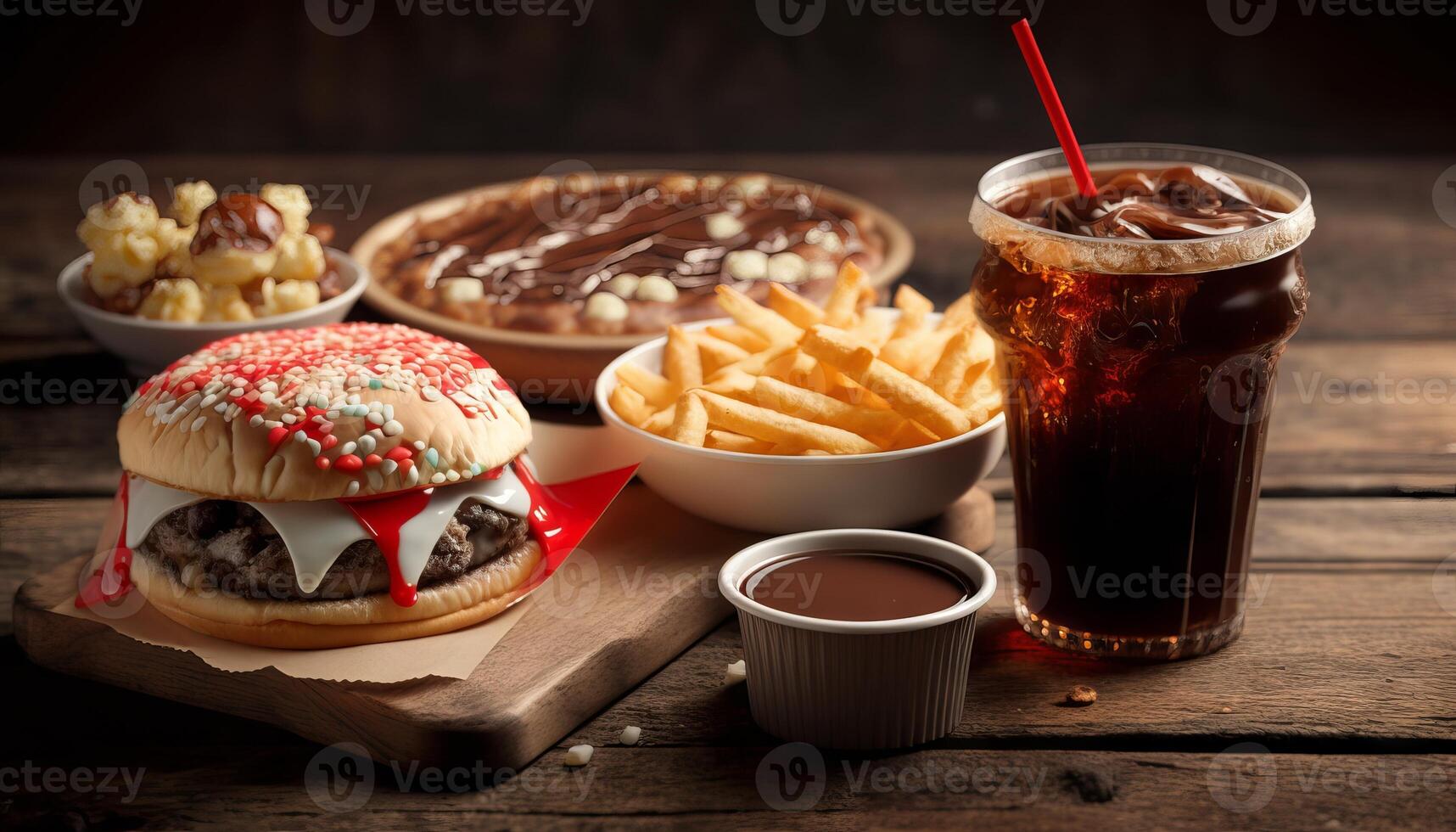 fast food and unhealthy eating concept - close up of fast food snacks and cola drink on wooden table. photo