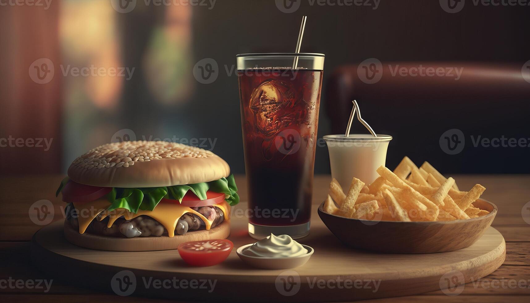 fast food and unhealthy eating concept - close up of fast food snacks and cola drink on wooden table. photo