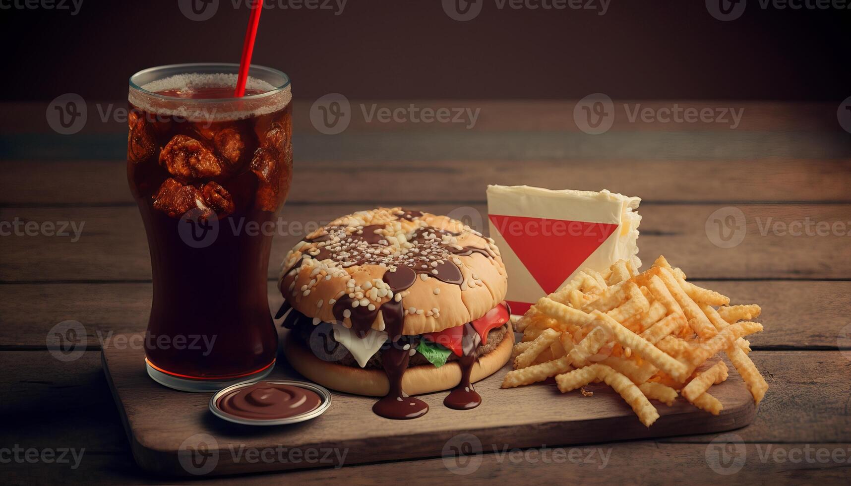 fast food and unhealthy eating concept - close up of fast food snacks and cola drink on wooden table. photo