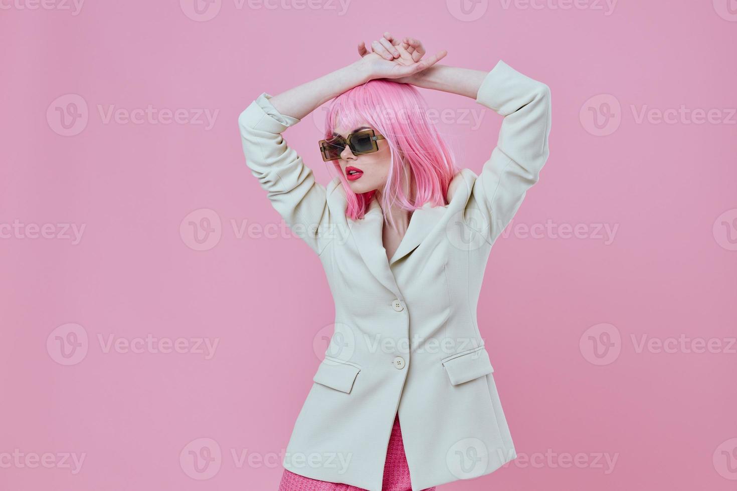 Positive young woman in White blazer pink hair Glamor Cosmetics pink background unaltered photo