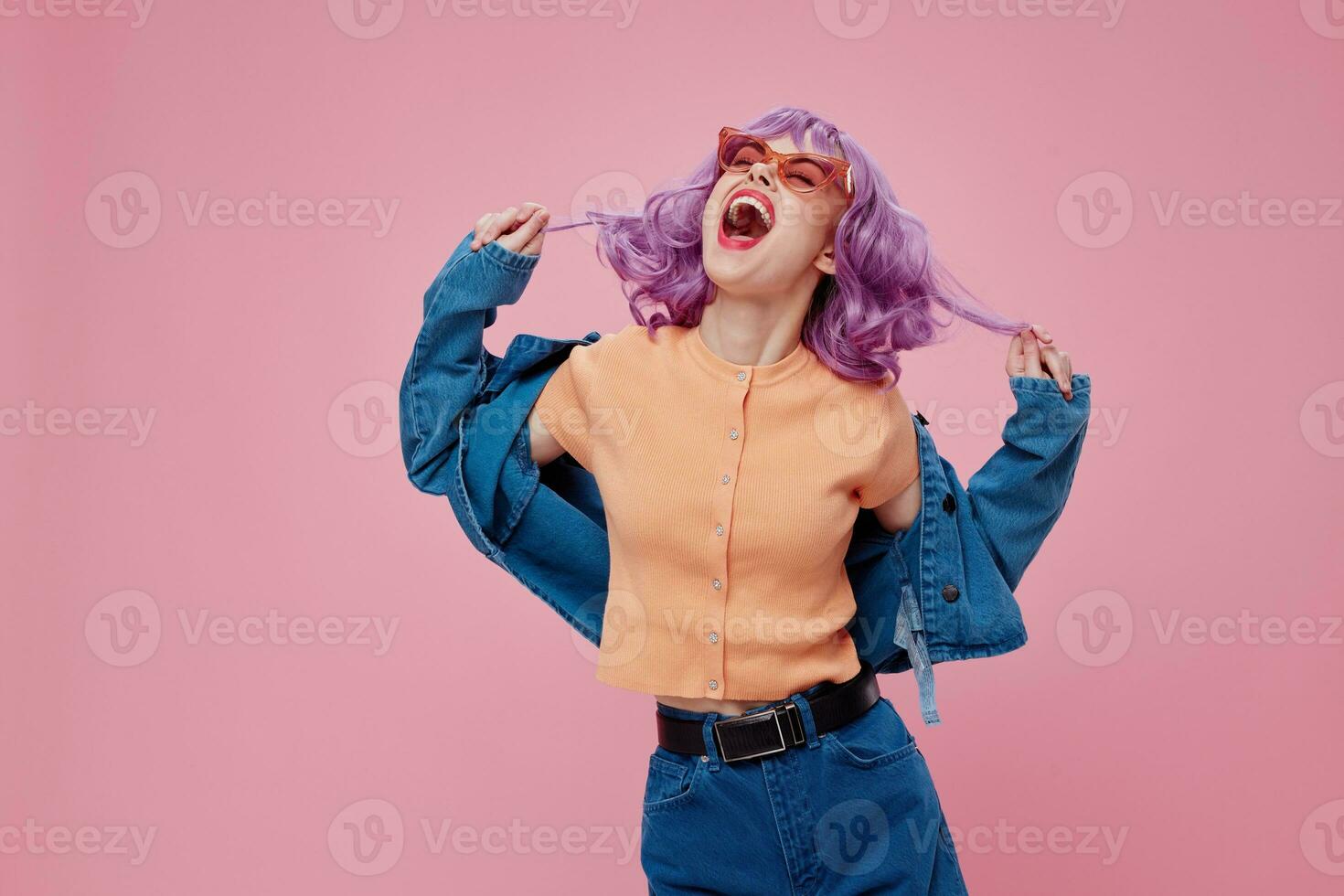 pretty woman purple hairstyle red lips denim jacket fun studio model unaltered photo