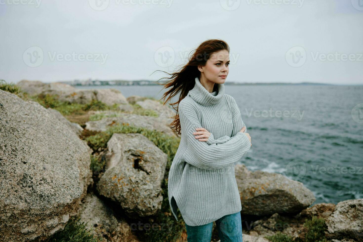 portrait of a woman beach tourism cloudy weather stone coast Lifestyle photo