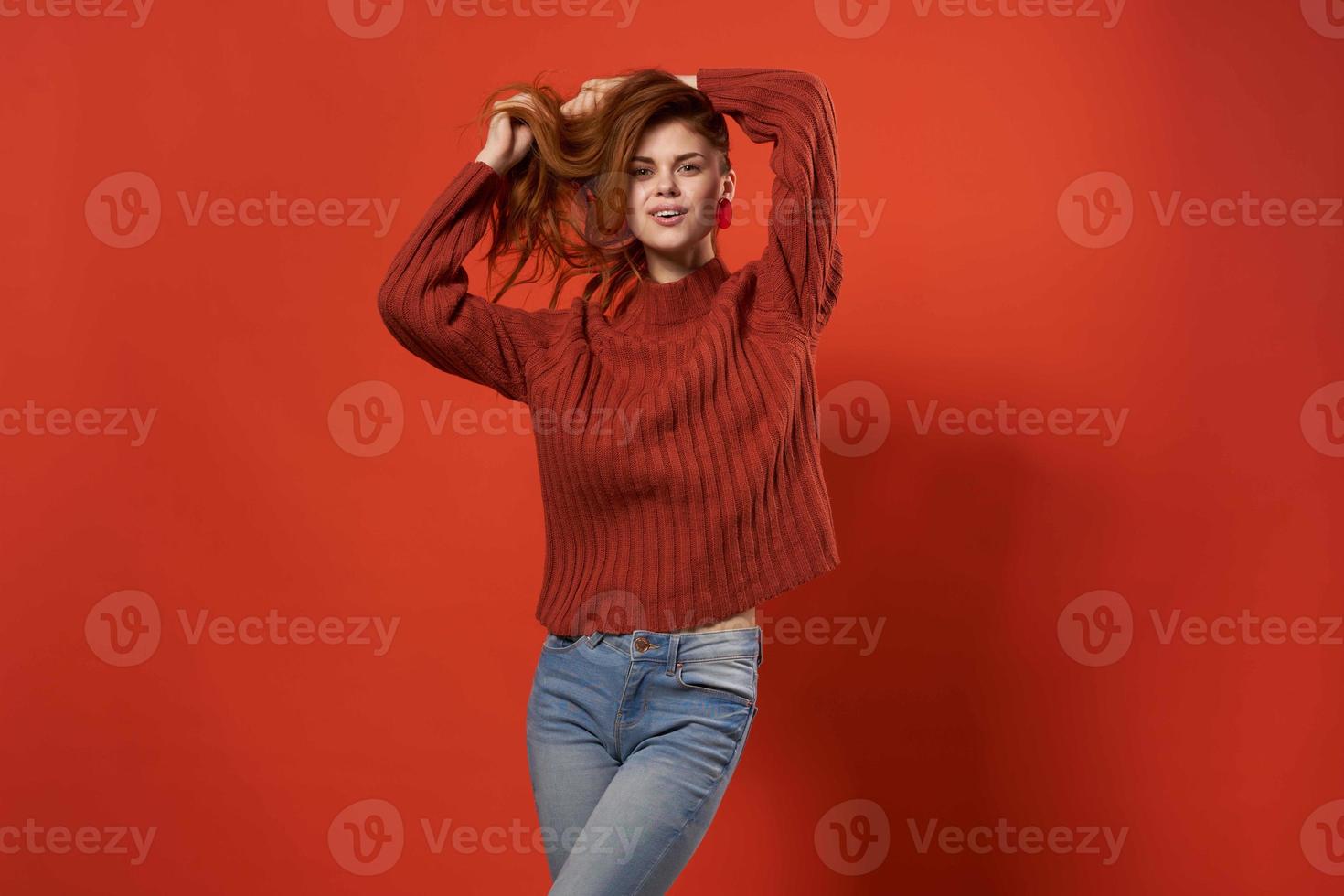 Cheerful woman fashion posing studio model photo