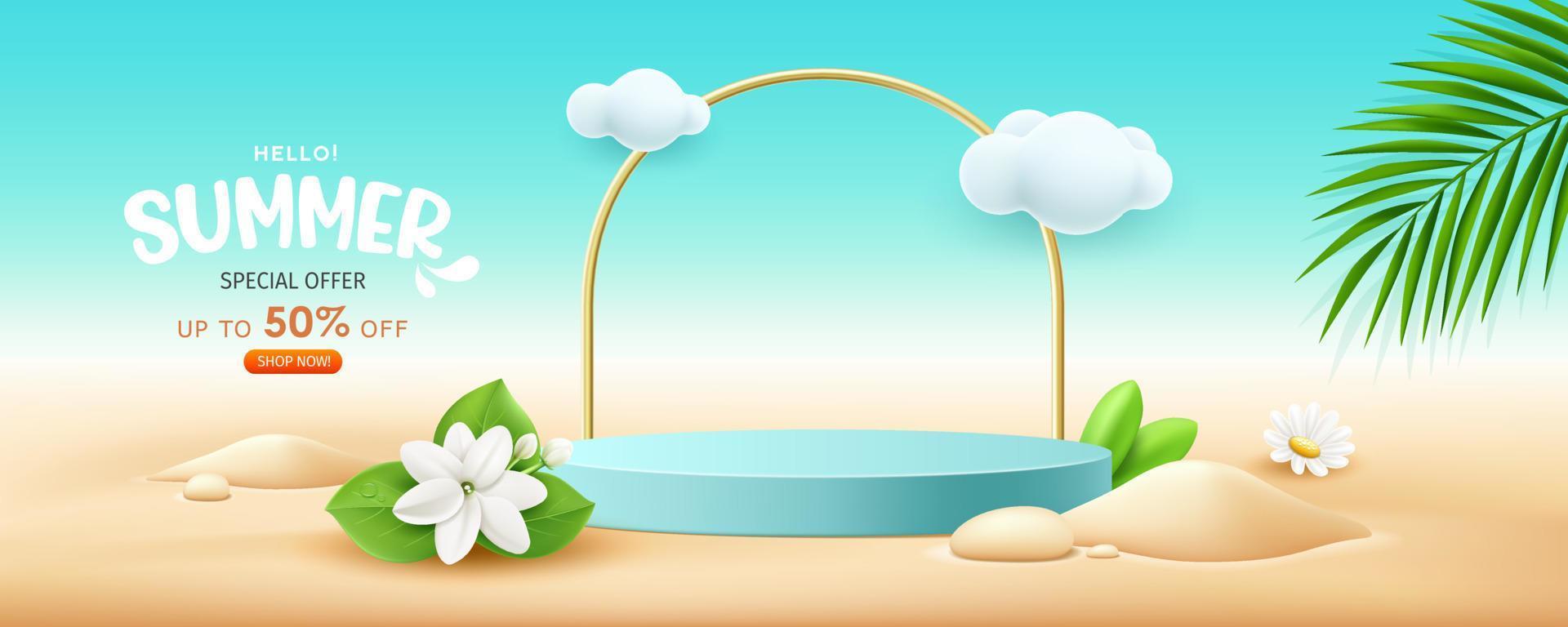 Summer display podium blue color sale, flowers and coconut leaves pile of sand banner design, on cloud and sand beach background, EPS 10 vector illustration