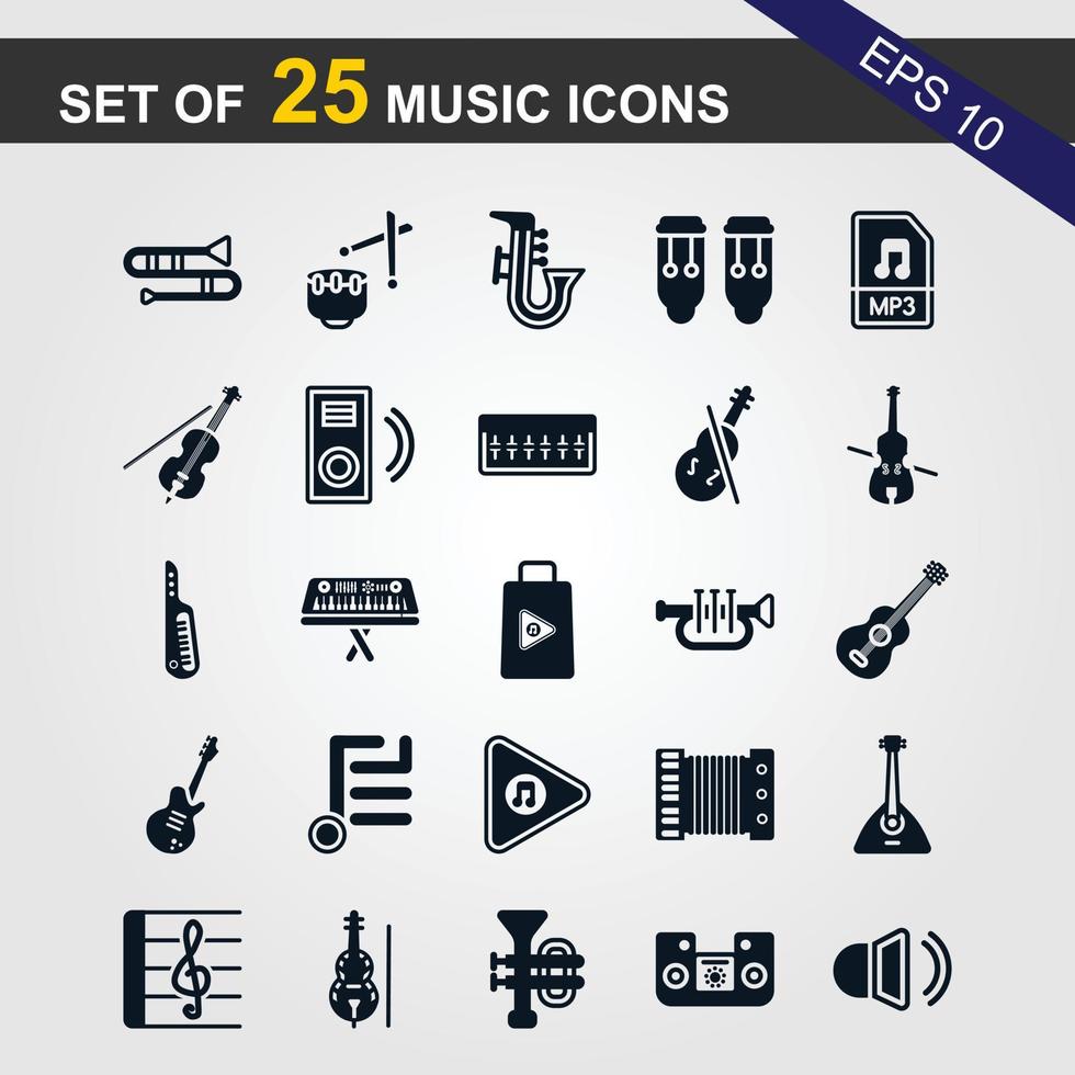 25 Simple Set of Music Related Vector Line Icons. Contains such Icons as Guitar, Treble Clef, In-ear Headphones, Trumpet and more