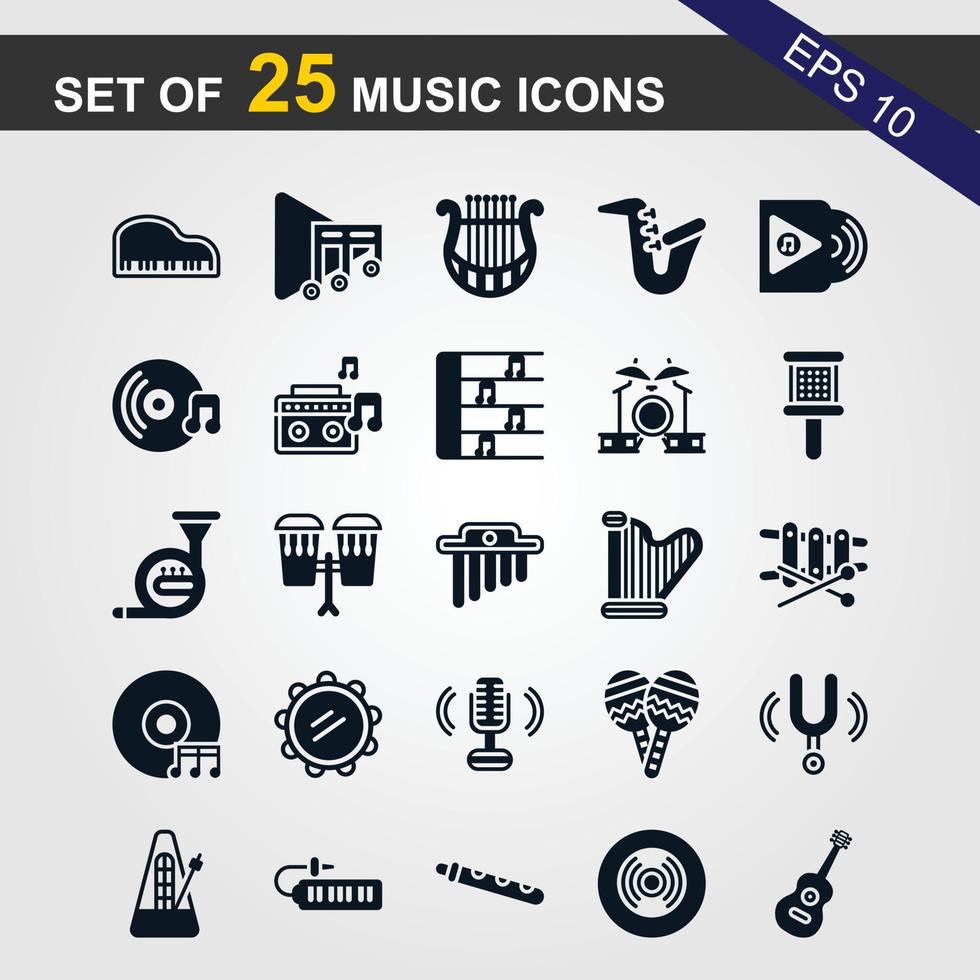 25 Simple Set of Music Related Vector Line Icons. Contains such Icons as Guitar, Treble Clef, In-ear Headphones, Trumpet and more