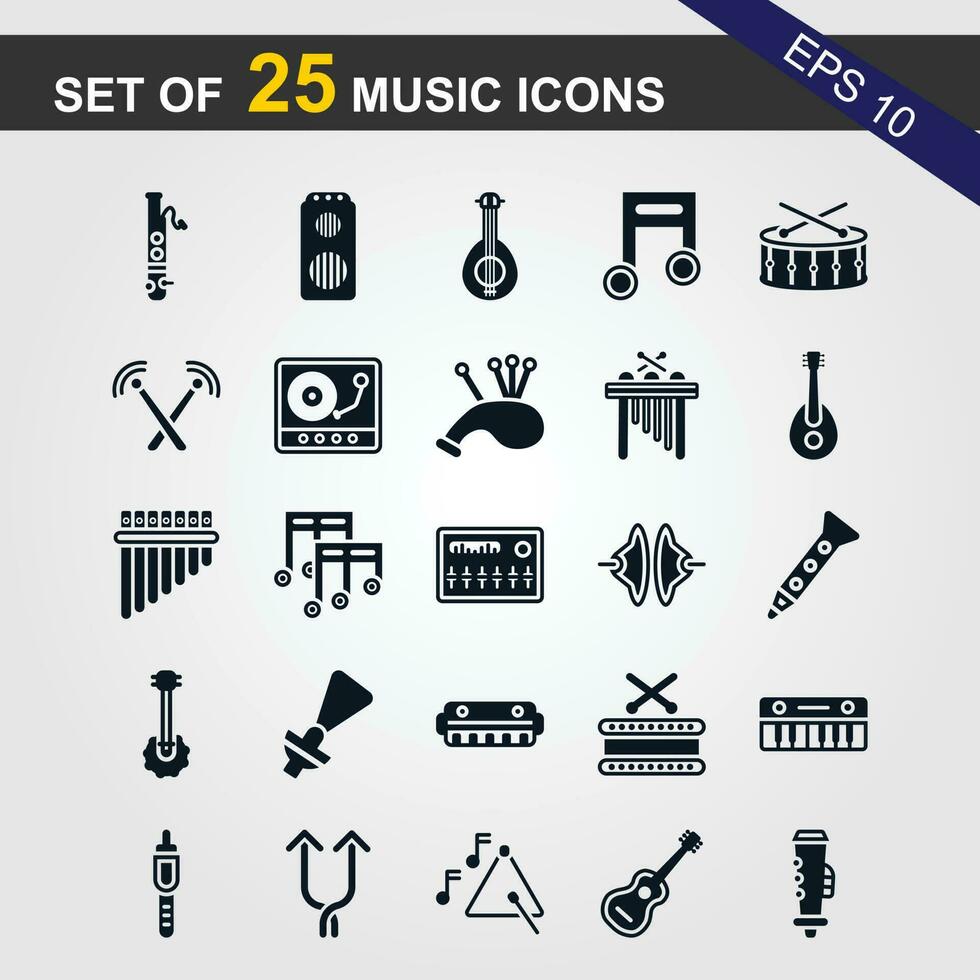 25 Simple Set of Music Related Vector Line Icons. Contains such Icons as Guitar, Treble Clef, In-ear Headphones, Trumpet and more