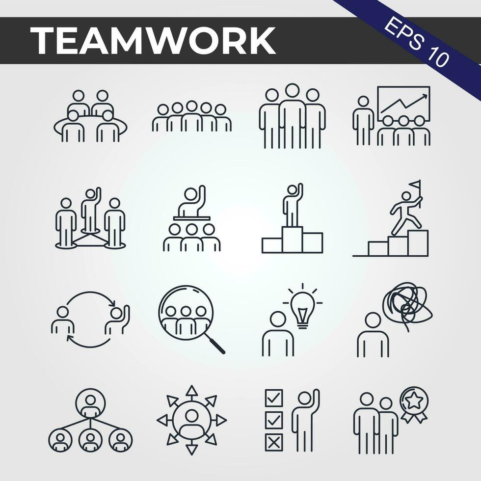 16 Minimal Teamwork in business management icon set - Editable stroke vector