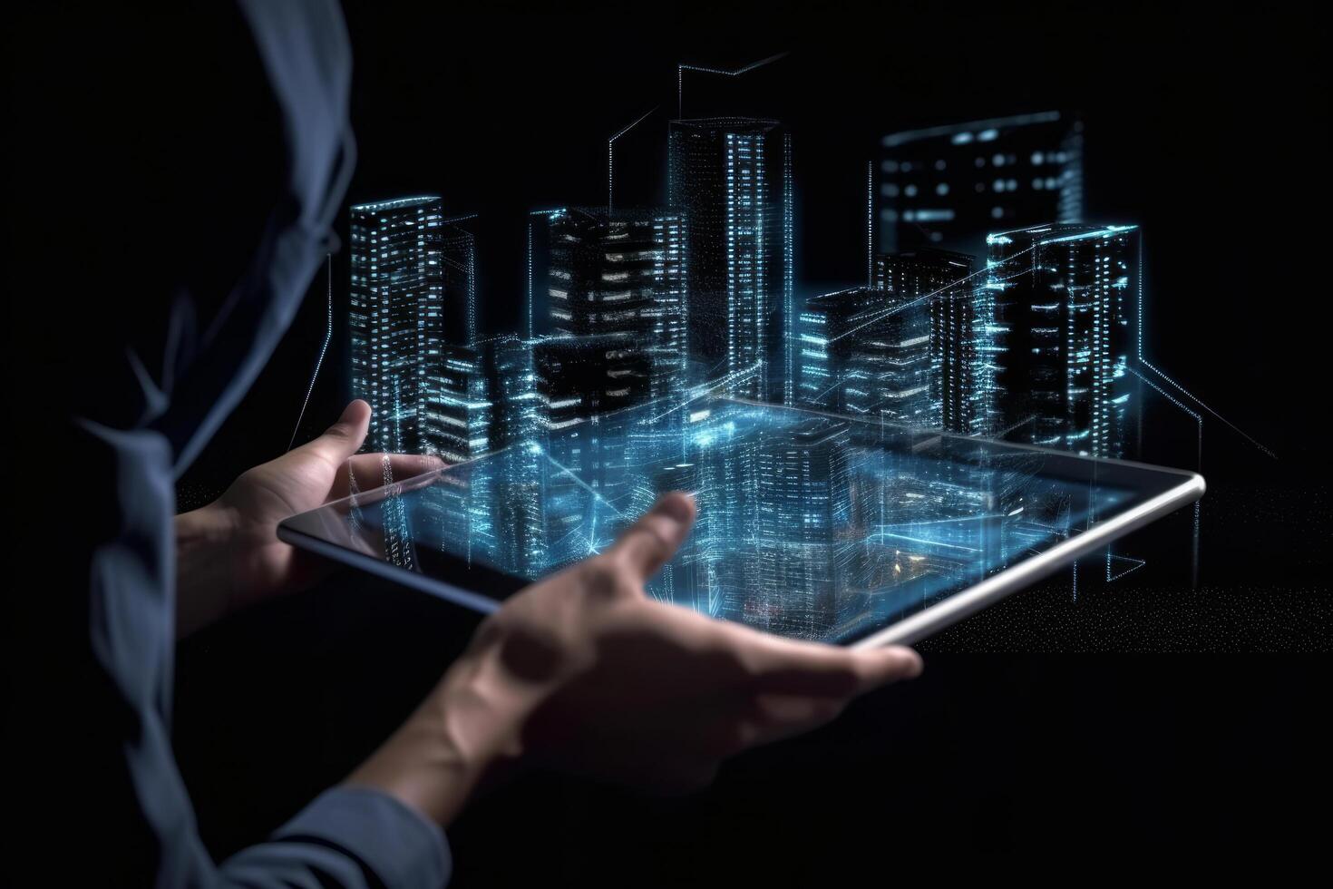 Digital tablet and a hologram of modern buildings, Illustration photo