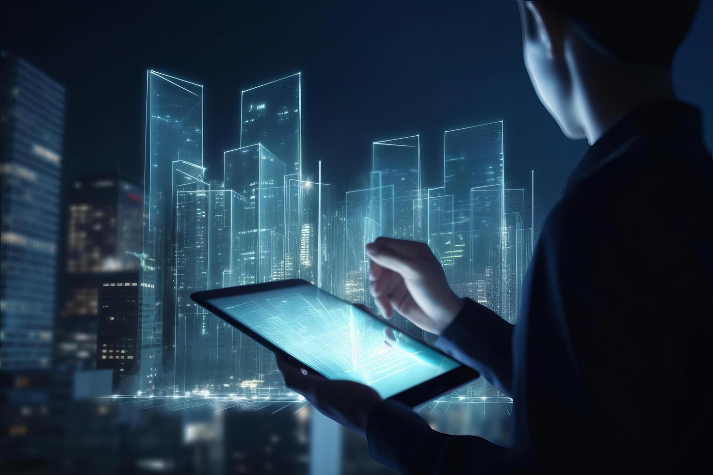 Digital tablet and a hologram of modern buildings, Illustration photo