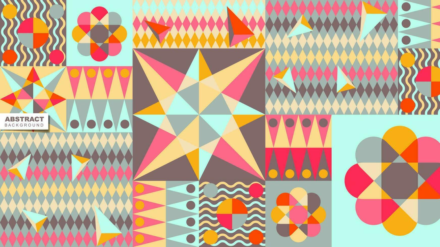 colorful geometric background with triangles, squares, circles and curved lines vector