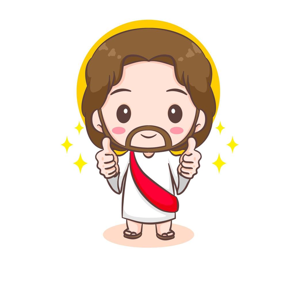 Cute Jesus Christ cartoon character showing thumbs up. Christian religion concept design. Hand drawn Chibi character clip art sticker Isolated white background. Vector art illustration